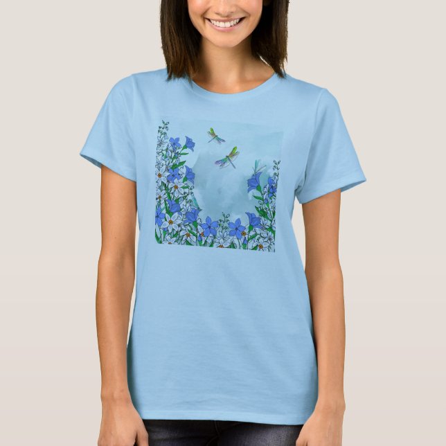 Camiseta Flores e libélulas azuis (Frente)