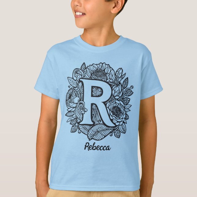 Camiseta Flores em estilo de tatuagem monogramada preto e b (Frente)
