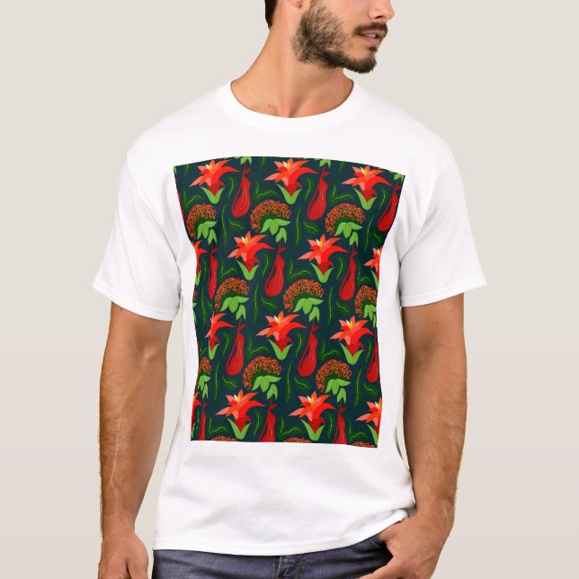Camiseta Flores Exóticas Coloridas Padrão Folhas (Frente)