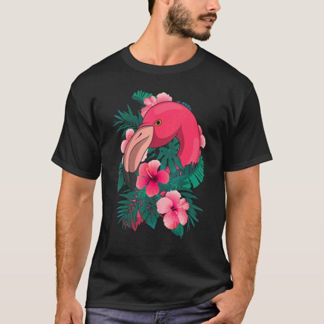 Camiseta Flores Exóticas Flam Rosa Tropical de Aves do Zoo (Frente)