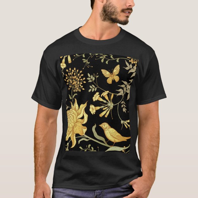 Camiseta Flores Exóticas — Pássaros — Padrão Vintage (Frente)