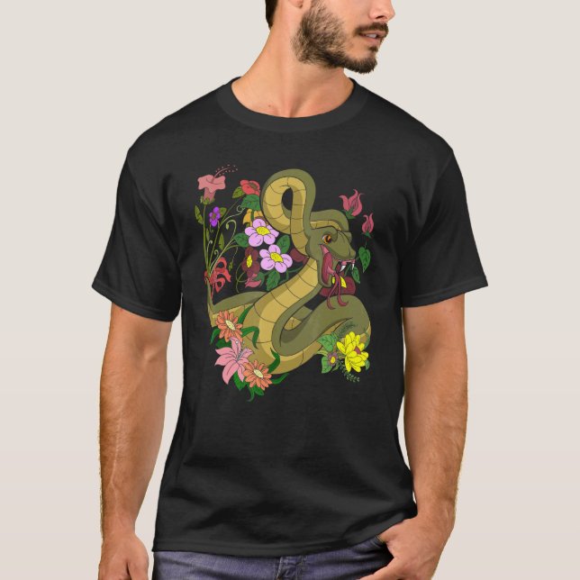 Camiseta Flores Exóticas - Predador de Cobra de Réptil Anim (Frente)
