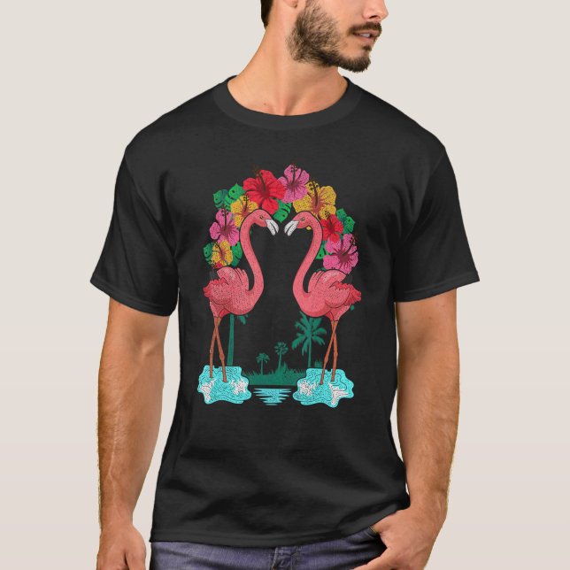 Camiseta Flores Exóticas Zoo Aves Palmeiras de Pássaro Rosa (Frente)
