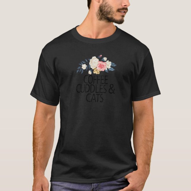 Camiseta Flores Florais Café Sarcástico Abraços & Gatos (Frente)