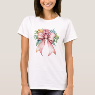 Camiseta Flores Florais de Aquarela com Laço Rosa Mulheres