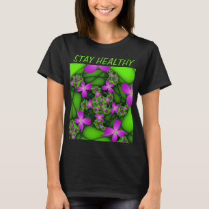Camiseta Flores Fractais Abstratas Modernas Rosa Verde Neon