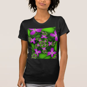 Camiseta Flores Fractais Abstratas Modernas Rosa Verde Neon