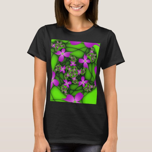 Camiseta Flores Fractais Abstratas Modernas Rosa Verde Neon (Frente)
