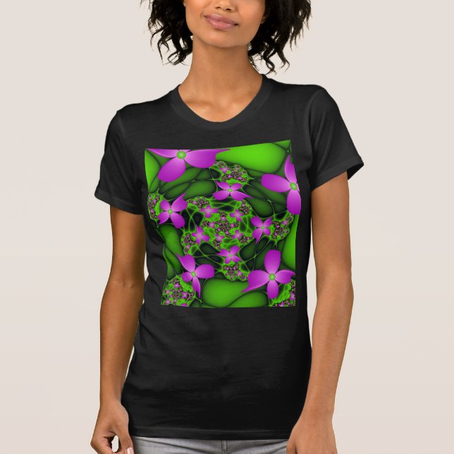 Camiseta Flores Fractais Verdes Rosa-Rosa-Abstrato modernas (Frente)