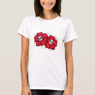 Camiseta flores góticas de caveira vermelha