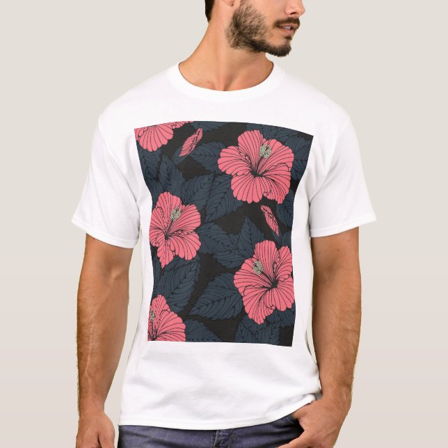 Camiseta Flores Hibiscus: papel de parede sem costura escur (Frente)