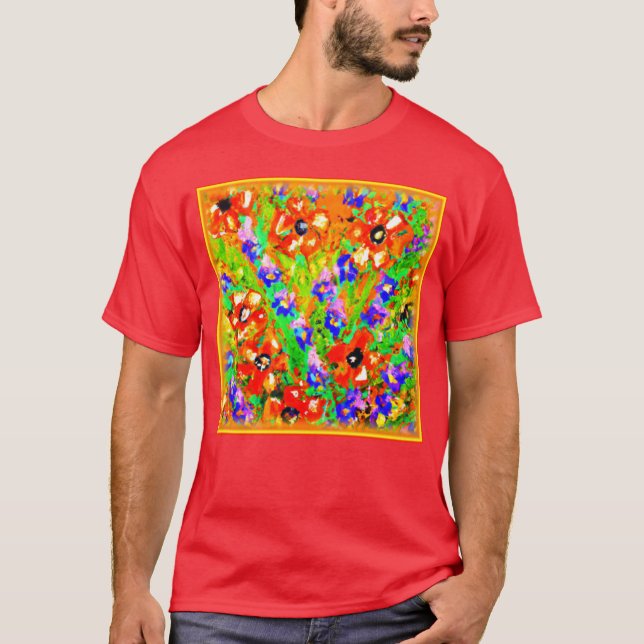 Camiseta "Flores Laranja" Pintura Bonita. Comprar Agora (Frente)