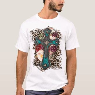 Camiseta Flores-leopardo ocidentais cruzam-cristãs