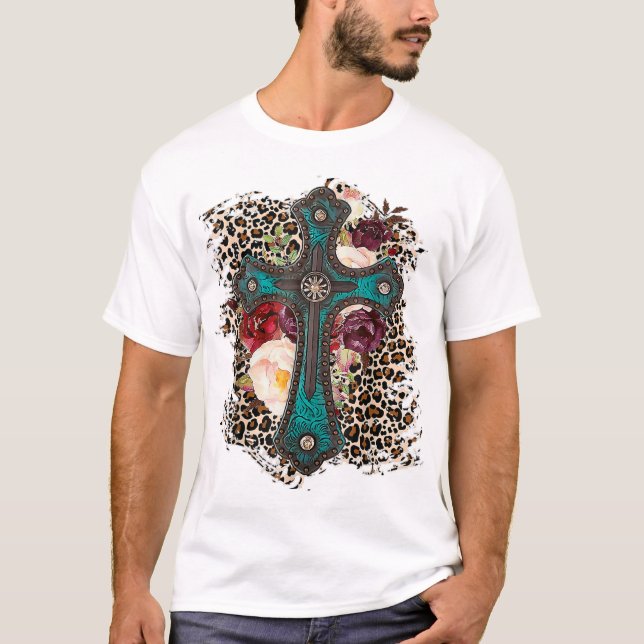 Camiseta Flores-leopardo ocidentais cruzam-cristãs (Frente)