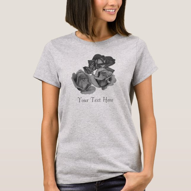 Camiseta flores monocromáticas em rosas negras e brancas (Frente)