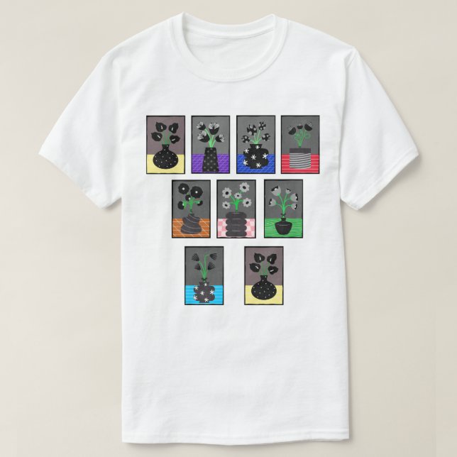 Camiseta Flores negras e brancas em vasos pretos (Frente do Design)