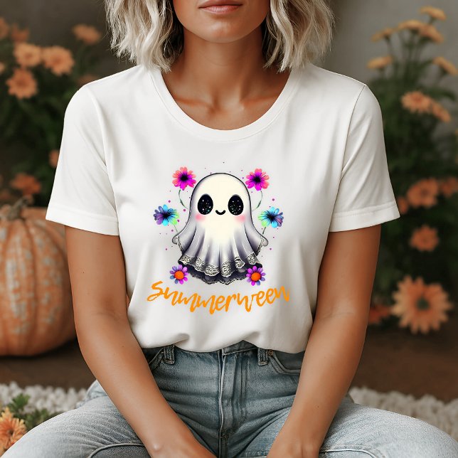 Camiseta Flores Neon de Fantasma Cute Summerween (Cute Summerween Ghost Neon Flowers T-Shirt)