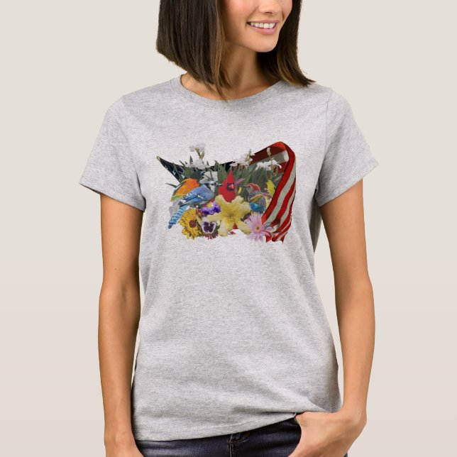 Camiseta flores, pássaros e bandeira (Frente)