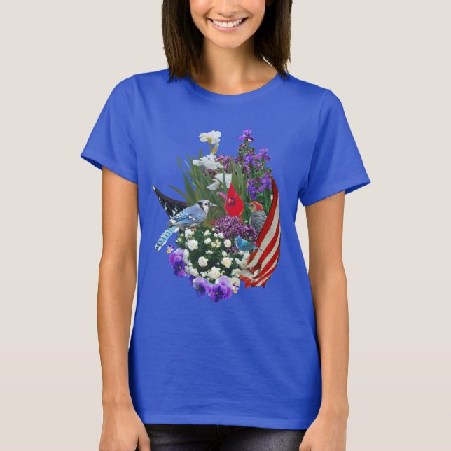 Camiseta flores, pássaros e t-shirt da bandeira 2r (Frente)