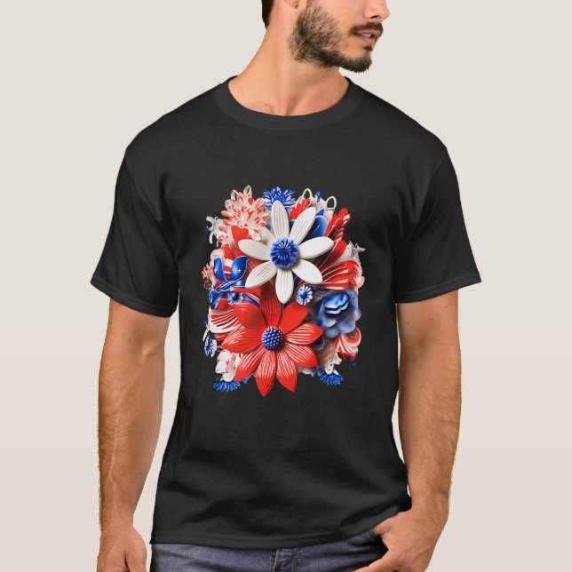 Camiseta Flores Patrióticas em Vermelho Branco & Azul 4 de  (Frente)