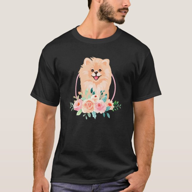 Camiseta Flores Pomeranianas Pommy Pom Dog Bream Spit Alemã (Frente)