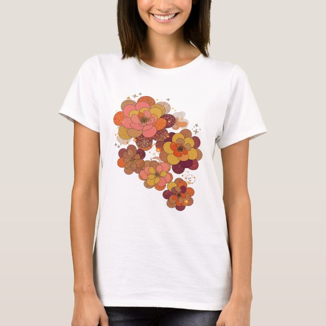 CAMISETA FLÔRES PRATEADAS LARANJA E ROSA COM ESTRELAS DORAD (Frente)