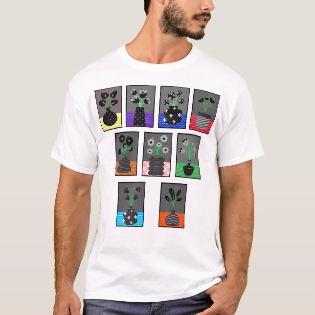 Camiseta Flores pretas e brancas em vasos pretos (Frente)