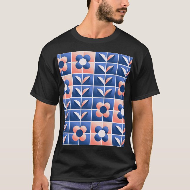 Camiseta Flores retrorestilizadas: padrão mosaico. (Frente)