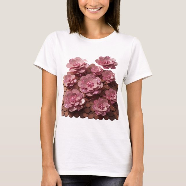 Camiseta Flores Rosa Prateadas e Moedas Design Atraente (Frente)
