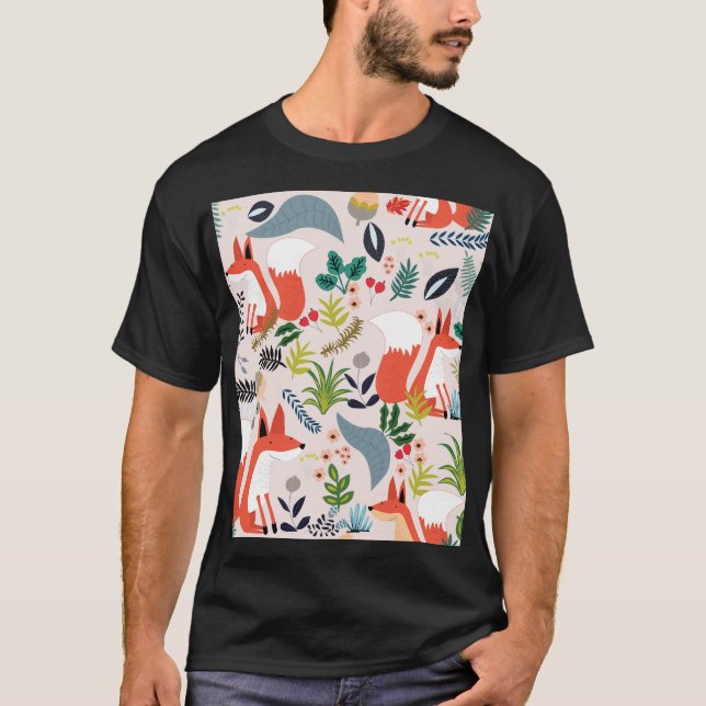 Camiseta Flores rosas, azuis: horta de raposa. (Frente)