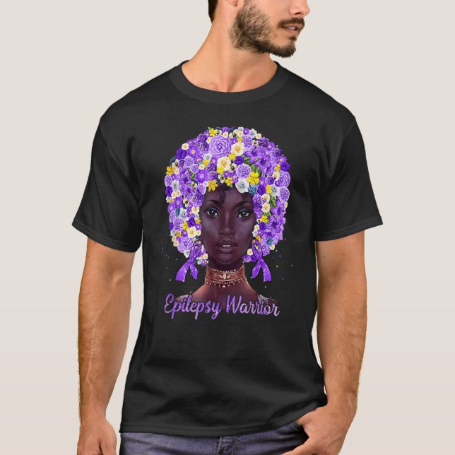 Camiseta Flores Roxas Afro Cabelo Negro Mulher Epilepsia Wa (Frente)