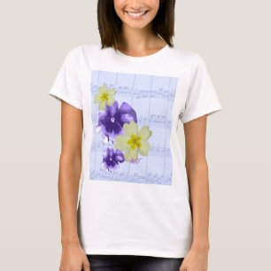 Camiseta Flores Roxas&Amarelas Folhas de Música Espaguete P