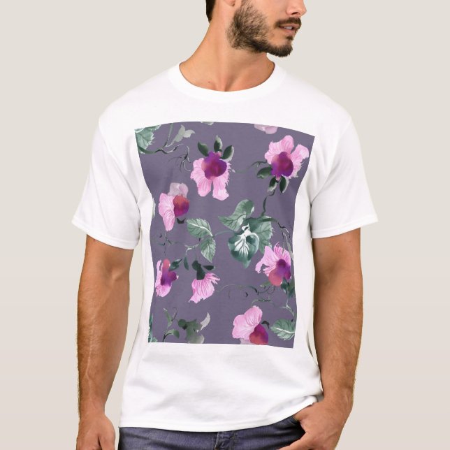 Camiseta Flores roxas: padrão uniforme de aquarela. (Frente)