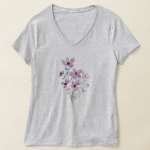 Camiseta Flores roxas roxas do camarão-V, de uso feminino