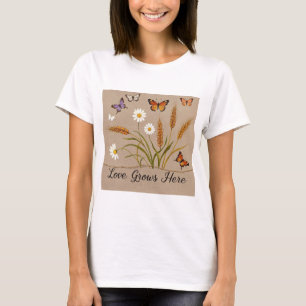 Camiseta Flores selvagens boêmicas, borboletas, pedúnculos