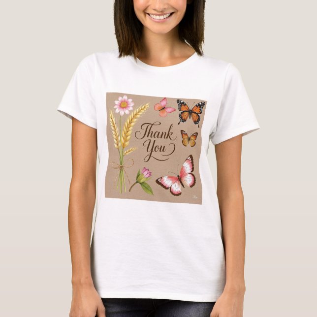 Camiseta Flores selvagens boêmicas, borboletas, pedúnculos  (Frente)