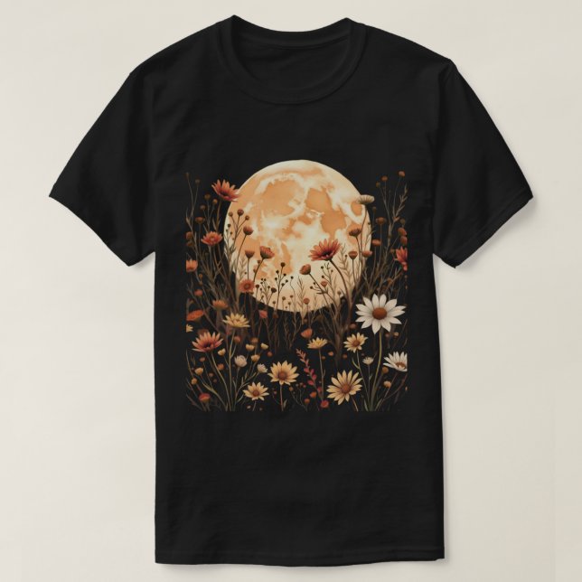 Camiseta Flores Selvagens Místicas E Lua Cheia. (Frente do Design)