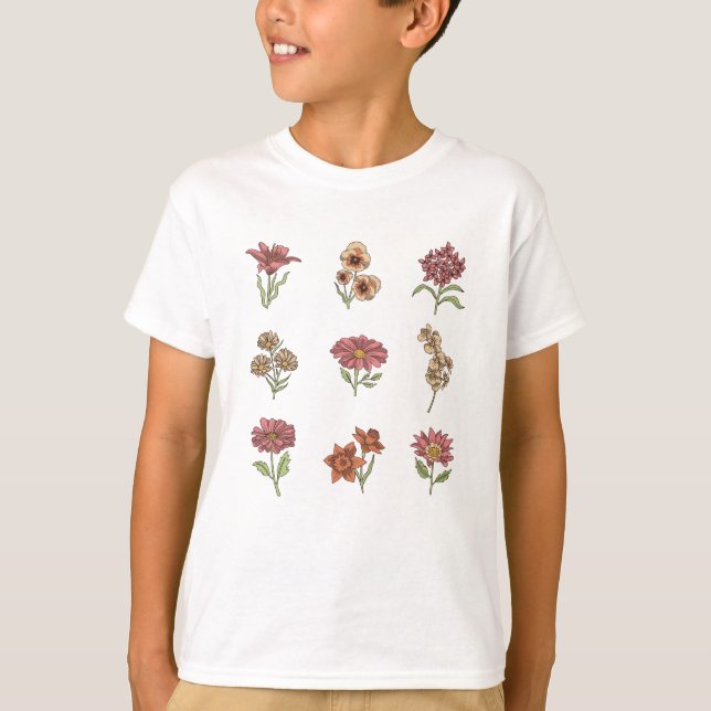 Camiseta Flores Silvestres Antigas Flores Botânicas (Frente)