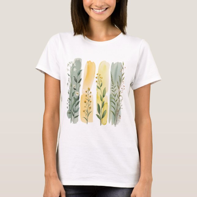 CAMISETA FLÔRES SILVESTRES BOHO LARANJA AMARELO VERDE (Frente)