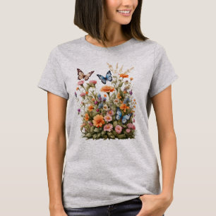 Camiseta Flores Silvestres Borboletas Jardim de Flores Aqua