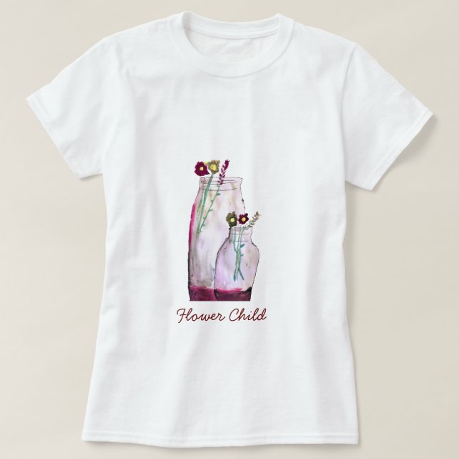 Camiseta Flores silvestres de aquarelas brancas em vaso (Frente do Design)