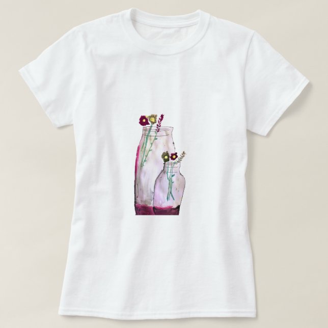 Camiseta Flores silvestres de aquarelas brancas em vaso (Frente do Design)
