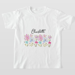 Camiseta Flores Silvestres em Aquarela Rosa Monogramadas