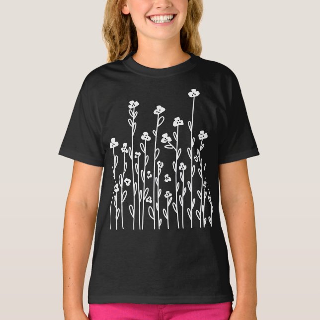 Camiseta Flores silvestres florais, flores brancas e pretas (Frente)
