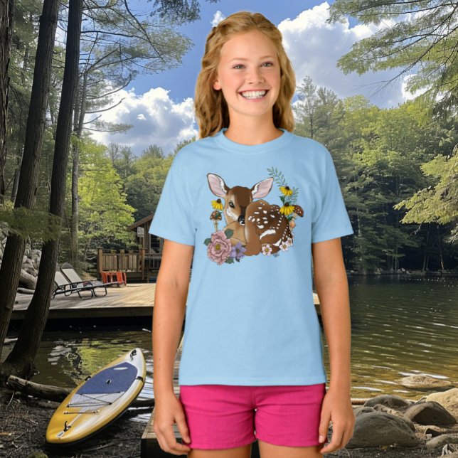 Camiseta Flores Silvestres Fofas Corça Azul Bebê Deer Bosqu (Criador carregado)