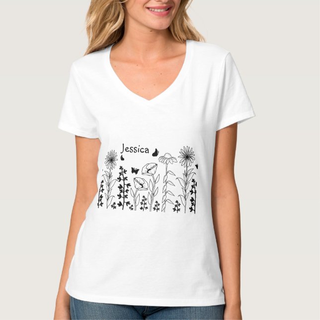 Camiseta Flores silvestres, preto e branco (Frente)