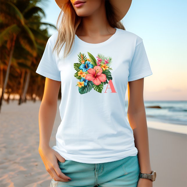 Camiseta Flores Tropicais de Verão Personalizam Monograma (Criador carregado)
