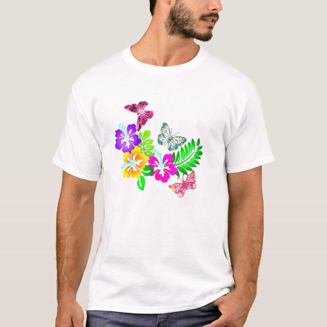 Camiseta Flores tropicais e borboletas de ver-tru (Frente)