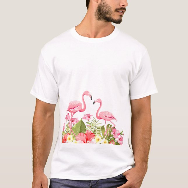 Camiseta Flores Tropicais e Design de Flamingos (Frente)