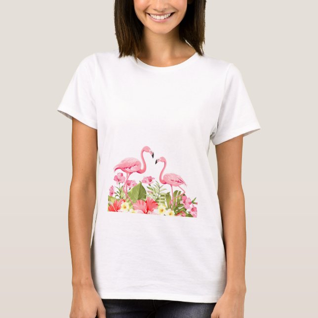 Camiseta Flores Tropicais e Design de Flamingos (Frente)